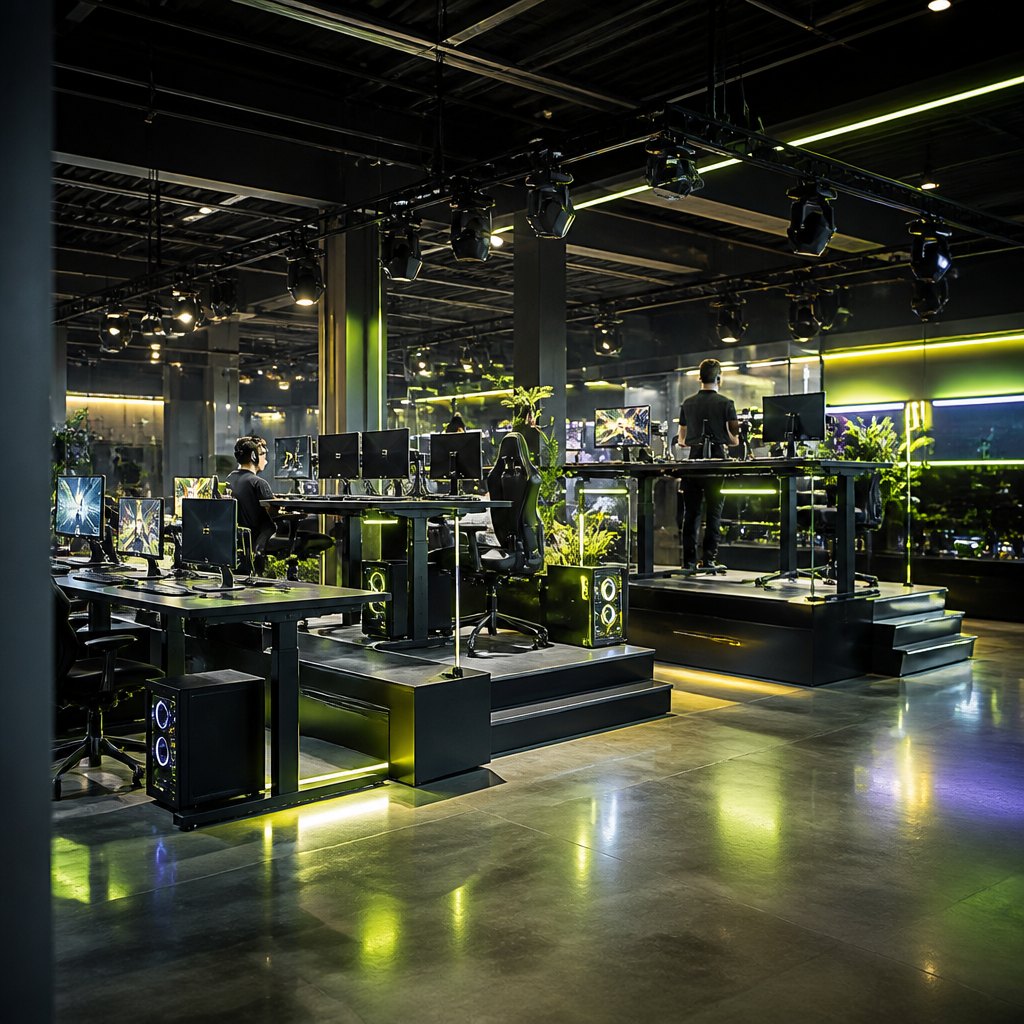 A wide view across a busy, lit venue